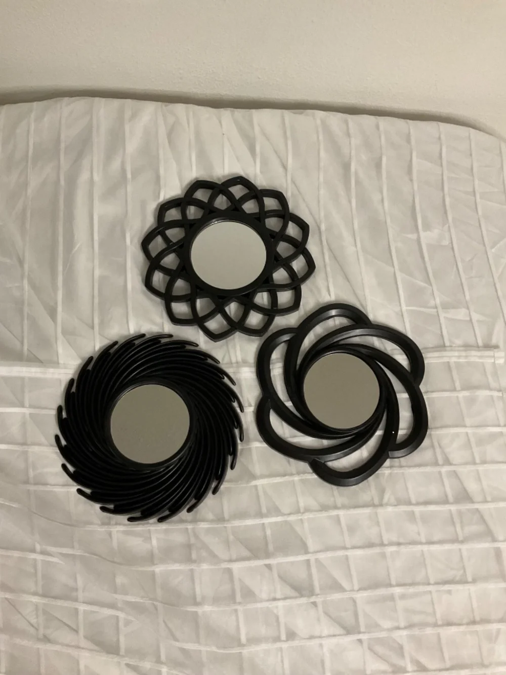 Set of 3 Geometric Wall Mirrors – Black Plastic Frames – 9” Modern Accent Decor